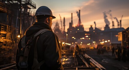 Fototapeta na wymiar As the fiery sun sets behind the towering cityscape, a determined firefighter gazes up at the looming factory, clad in his protective hard hat and backpack, ready to take on whatever the sky may brin