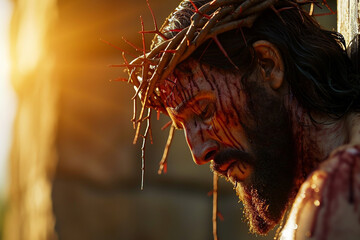 Jesus Christ crucyfied wearing crown of thorns Passion and Resurection. Good Friday. Generative AI - 709135381