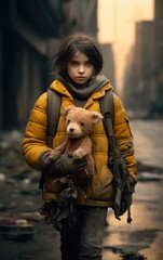 Ultra realistic , urban, air polluted, city street , girl with an oxygen mask. She is holding a withered yellow flower in her one hand and a torn, shabby teddy bear on the other hand.