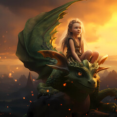 Fantasy portrait of the beautiful girl and the dragon. Magic world.  - obrazy, fototapety, plakaty