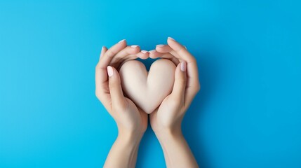 Hands Forming a Heart Shape, Symbolizing Love and Support in Healthcare. Cropped Top Photo Over Blue Background, Conceptualizing the Essence of Saving Lives and Providing Medical Assistance