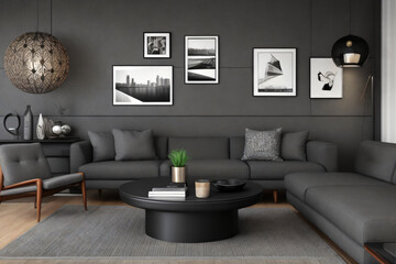 Minimalist interior design of modern living room with chair,sofa cushions,coffee table.Generative AI