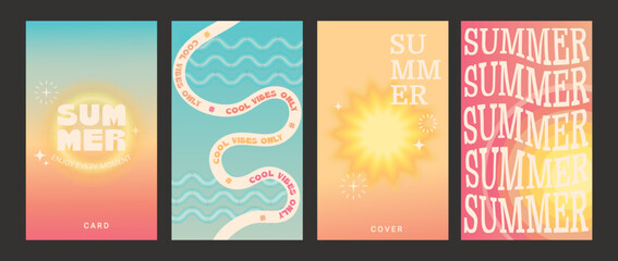 Set of vertical hot summer and sea wave posters. Bright sun on warm background. Template for your design, web, advertise, promo. Vintage banner, retro style, soft colored. Vector illustration.