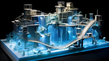 Construct a 3D abstract cityscape that appears to be constructed entirely of water, with cascading waterfalls and liquid architecture.
