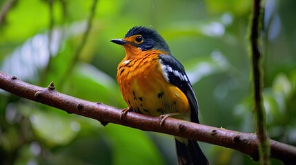 black and white Blackburnian Warbler (Setophaga fusca) perched on a mossy stump
