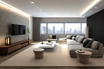 Fototapeta na wymiar Minimalist interior design of modern living room with chair,sofa cushions,coffee table.Generative AI
