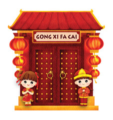 Traditional Chinese Gate with boy and girl in traditonal costume, Chinese New Year, Red Lanterns, Gong Xi Fa Cai