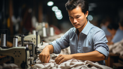 Asian Male Worker in Textile Factory - obrazy, fototapety, plakaty