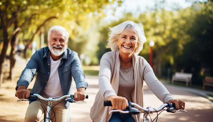 Cheerful active senior couple with bicycle in public park together having fun lifestyle. Perfect activities for elderly people. Happy mature couple riding bikes, bicycles in park
