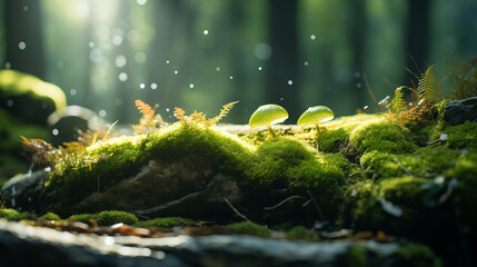 Flora bokeh in the wood: a heavily-detailed and real photo of moss growing on a stone, sunlight falling from behind, Canon EOS. Ideal for wallpapers, Backgrounds, and High-Quality Prints - obrazy, fototapety, plakaty