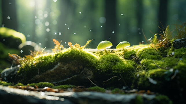 Flora bokeh in the wood: a heavily-detailed and real photo of moss growing on a stone, sunlight falling from behind, Canon EOS. Ideal for wallpapers, Backgrounds, and High-Quality Prints