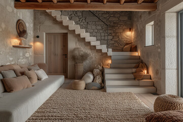 modern  countryside living room with staircase 