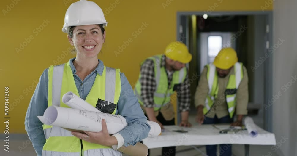 Poster woman, face and engineering at construction site, planning building and teamwork or project manageme