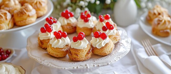 Obraz na płótnie Canvas Round choux pastries filled with white custard and decorated with red currant berries on a dessert table with creme, napkins, and a white tablecloth.