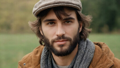 Young Man with Grey Eyes, Tousled Hair, and Stylish Hat - Outdoor Portrait in Vintage Sweater and Plaid Shirt