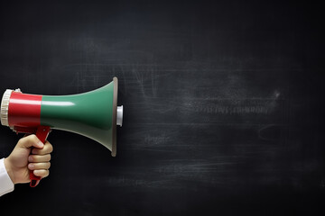 Hand holding megaphone over chalkboard background with copy space 