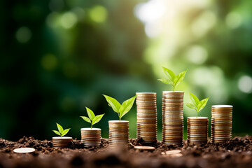 Investment Ideas and Business Growth. Coins stacked on the ground with a digital graph. Green business growth. Finance sustainable development. Investing in renewable energy is crucial for the future. - obrazy, fototapety, plakaty