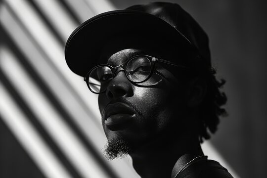 High Contrast Urban Portraiture - A black and white portrait of an individual in an urban setting, balancing light and shadow to create a dramatic effect - AI Generated