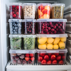 a refrigerator full of different fruits