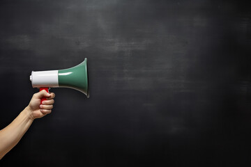 Hand holding megaphone over chalkboard background with copy space 