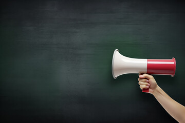 Hand holding megaphone over chalkboard background with copy space 