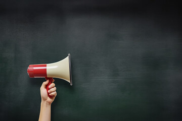 Hand holding megaphone over chalkboard background with copy space 