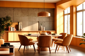 Minimalist interior design of modern living room with chair,sofa cushions,coffee table.Generative AI