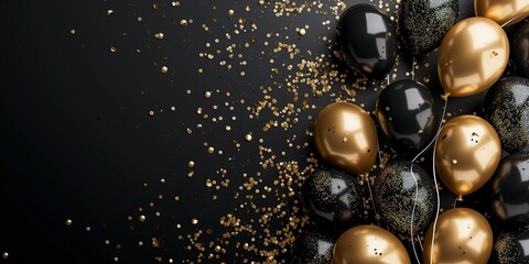 Fototapeta premium Celebration banner with golden confetti and balloons