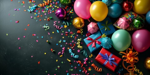 Colorful birthday gifts and balloons lay on a black background - obrazy, fototapety, plakaty