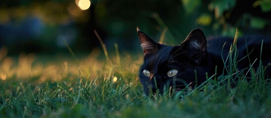 Black cat with white markings resting on green grass at twilight