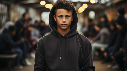 
Latino teenager with black hoddie in alley with his friends. Gang of young people on the city street. Concept of teenage problems, gangster, gangs, drugs, street crimes, problematic young people. - obrazy, fototapety, plakaty