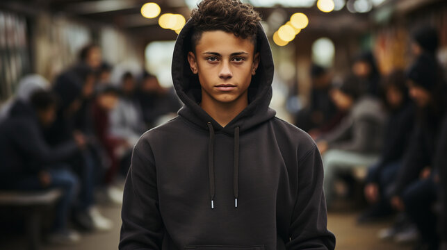 
Latino teenager with black hoddie in alley with his friends. Gang of young people on the city street. Concept of teenage problems, gangster, gangs, drugs, street crimes, problematic young people.