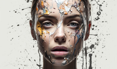 Surreal portrait of a contemplative young woman with a face artistically disintegrating into splashes and strokes of paint
