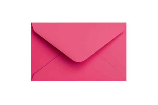 Blank bright pink envelope mockup isolated on transparent background. PNG file.