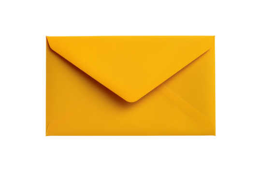 Blank yellow envelope mockup isolated on transparent background. PNG file.