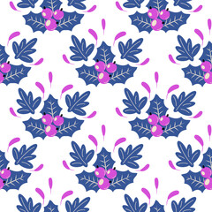 Vector seamless Christmas pattern with holly, berries and snowflakes, festive New Year winter backdrop 