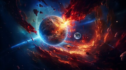 Obraz premium Design a 3D abstract representation of a cosmic collision, with celestial bodies merging and exploding in a vibrant display.