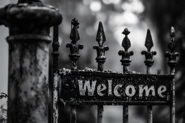 Black and white photo of a metal gate with the word welcome.