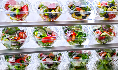 Boxes with fruit and vegetable salads in a commercial fridge