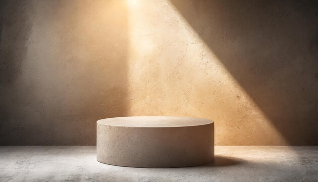 Elegant minimalist scene with a round concret podium in the warm, ethereal glow of a spotlight. Ideal for product display.