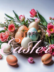 Easter holiday background with easter eggs and beautiful spring flowers