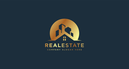 Black and Gold Real Estate Logo Design. Flat Vector Logo Design Template Element for Construction Architecture Building Logos.