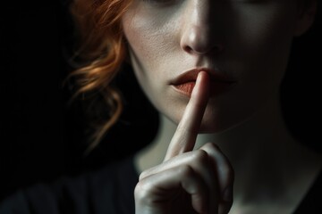 Closeup portrait of woman holding finger to mouth isolated on black background
