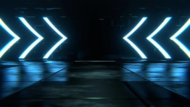 moving forward, glowing blue arrow shaped neon, sci-fi room 3d background