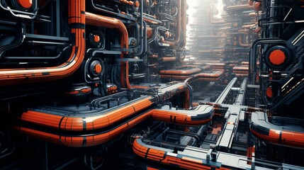 Generate a dynamic 3D abstract scene resembling a cybernetic factory of the future, with robotic arms and conveyor belts.