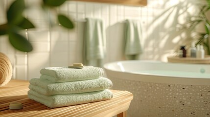 Fototapeta na wymiar cozy bathroom with light green towels, bathtub and sink. Time for yourself, relaxation and tranquility