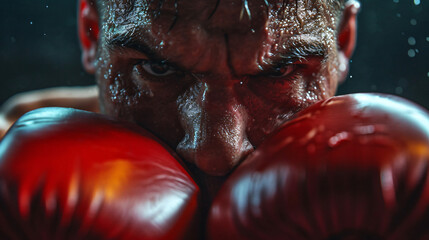 Isolated boxer with gloves boxing fighting in the corner - cinematic epic bokeh 