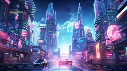 Generate a futuristic 3D abstract metropolis with hovering vehicles and holographic billboards, set against a neon-lit sky.