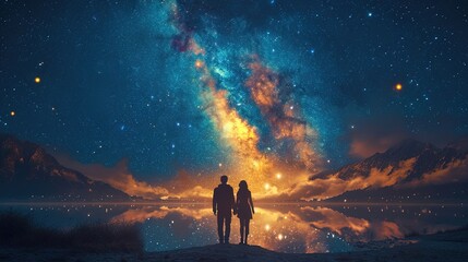 A couple in love holds hands and looks at the endless starry sky and the milky way, walking into the future together. A bright star illuminates its path - obrazy, fototapety, plakaty