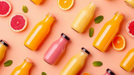 top view, assorted smoothies in bottles with fruits - obrazy, fototapety, plakaty
